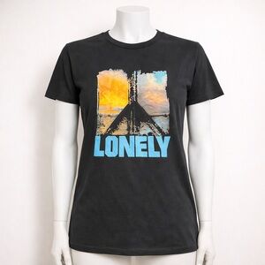 Black 'Lonely' Graphic Tee with Sunset Peace Sign